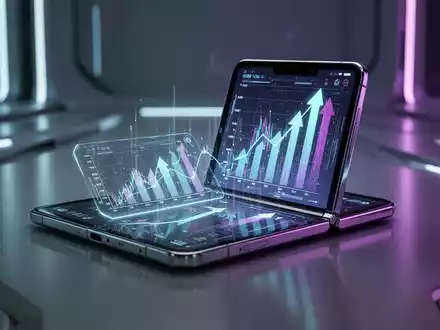 Faltbares Smartphone mit Finanzgrafiken und Pfeilen nach oben, Symbol für steigende Preise und Premium-Technologie. - Foto: über boerse-global.de