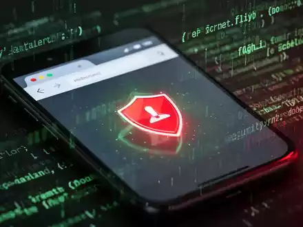 Smartphone-Bildschirm mit Browser-Sicherheitswarnung, umgeben von digitalem Code, symbolisiert Browser-Updates und Sicherheit. - Foto: über boerse-global.de