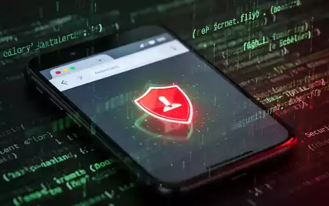 Smartphone-Bildschirm mit Browser-Sicherheitswarnung, umgeben von digitalem Code, symbolisiert Browser-Updates und Sicherheit. - Foto: über boerse-global.de