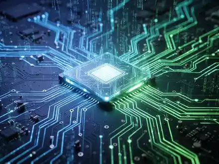 Nahaufnahme einer futuristischen Platine mit blauem und grünem Licht, die Softwareentwicklung und Betriebssystemarchitektur symbolisiert. - Foto: über boerse-global.de