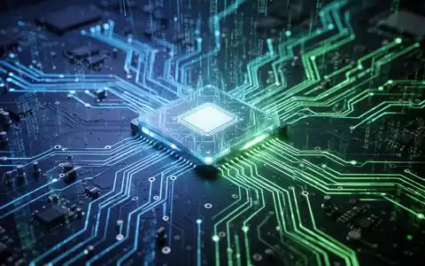 Nahaufnahme einer futuristischen Platine mit blauem und grünem Licht, die Softwareentwicklung und Betriebssystemarchitektur symbolisiert. - Foto: über boerse-global.de
