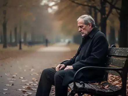 Eine einzelne Person in ihren späten 50ern oder frühen 60ern sitzt nachdenklich auf einer Parkbank im Herbst, was Einsamkeit und Besorgnis symbolisiert. - Foto: über boerse-global.de