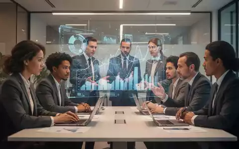 Geschäftsleute in einem modernen Büro, die sich auf eine holografische Projektion konzentrieren, die Datenvisualisierungen zeigt. - Foto: über boerse-global.de