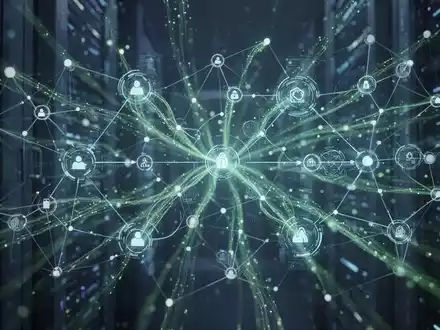 Stilisierte abstrakte Darstellung vernetzter digitaler Knoten und leuchtender Datenströme, die KI-Agenten-Workflows und automatisierte Prozesse symbolisieren. - Foto: über boerse-global.de