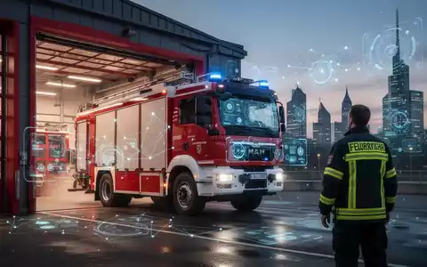Eine moderne deutsche Feuerwache bei Dämmerung, ein vernetztes Feuerwehrauto fährt aus der Halle, ein Feuerwehrmann steht daneben. - Foto: über boerse-global.de