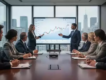 Geschäftsleute in einem modernen Konferenzraum, die eine Präsentation über Finanzdaten und Unternehmensführung diskutieren. - Foto: über boerse-global.de