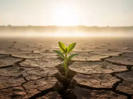 Eine ausgetrocknete, rissige Erde unter sengender Sonne, mit einem grünen Spross, der aus einem Riss wächst. - Foto: über boerse-global.de