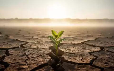 Eine ausgetrocknete, rissige Erde unter sengender Sonne, mit einem grünen Spross, der aus einem Riss wächst. - Foto: über boerse-global.de