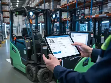 Ein Techniker scannt mit einem Tablet einen QR-Code an einem modernen Elektrostapler in einem Lagerhaus. Das Tablet zeigt eine digitale Prüfliste. - Foto: über boerse-global.de