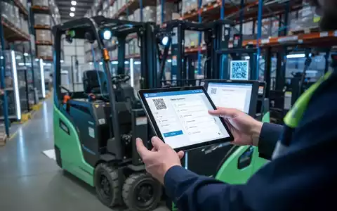 Ein Techniker scannt mit einem Tablet einen QR-Code an einem modernen Elektrostapler in einem Lagerhaus. Das Tablet zeigt eine digitale Prüfliste. - Foto: über boerse-global.de