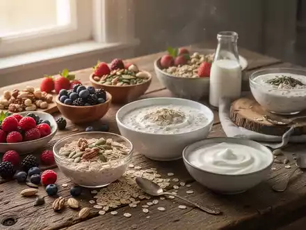 Ein reichhaltiges Frühstück mit Beeren, Nüssen, Joghurt und einer Schale Haferkleie auf einem Holztisch, im Morgenlicht. - Foto: über boerse-global.de
