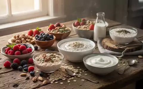Ein reichhaltiges Frühstück mit Beeren, Nüssen, Joghurt und einer Schale Haferkleie auf einem Holztisch, im Morgenlicht. - Foto: über boerse-global.de