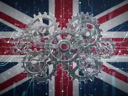 Abstrakte Darstellung von Regulierungen und Investmentfonds mit Zahnrädern, digitalen Linien und einem subtilen Muster der britischen Flagge. - Foto: über boerse-global.de