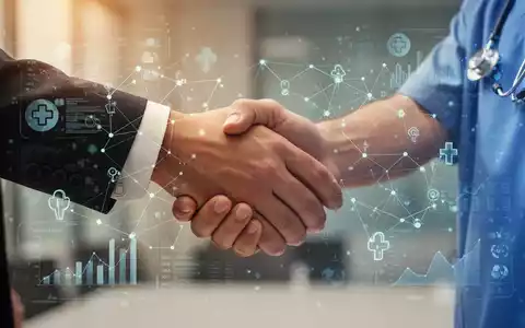 Zwei Hände, eine im Business-Anzug, die andere in medizinischer Kleidung, schütteln sich. Digitale Gesundheitsdaten verbinden sie. - Foto: über boerse-global.de