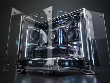 Futuristisches High-End-Computer-Gehäuse mit offenem, erweiterbarem Rahmen, der innere Komponenten freigibt, aus verspiegeltem Edelstahl und Glas. - Foto: über boerse-global.de