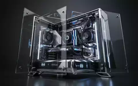 Futuristisches High-End-Computer-Gehäuse mit offenem, erweiterbarem Rahmen, der innere Komponenten freigibt, aus verspiegeltem Edelstahl und Glas. - Foto: über boerse-global.de
