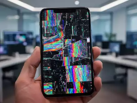Nahaufnahme eines Smartphone-Bildschirms mit verzerrten, bunten digitalen Störungen, gehalten in einer Hand in einem Tech-Büro. - Foto: über boerse-global.de