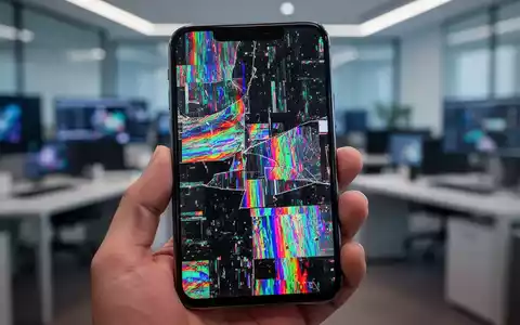 Nahaufnahme eines Smartphone-Bildschirms mit verzerrten, bunten digitalen Störungen, gehalten in einer Hand in einem Tech-Büro. - Foto: über boerse-global.de