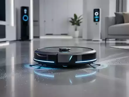 Ein futuristischer Saugroboter mit blauen Lichtern reinigt selbstständig einen glänzenden Boden in einem modernen Zuhause. - Foto: über boerse-global.de