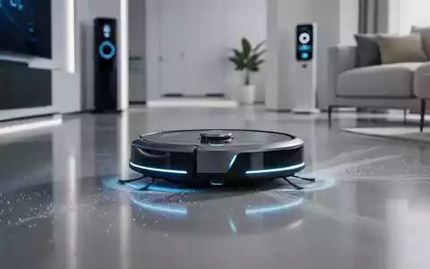 Ein futuristischer Saugroboter mit blauen Lichtern reinigt selbstständig einen glänzenden Boden in einem modernen Zuhause. - Foto: über boerse-global.de