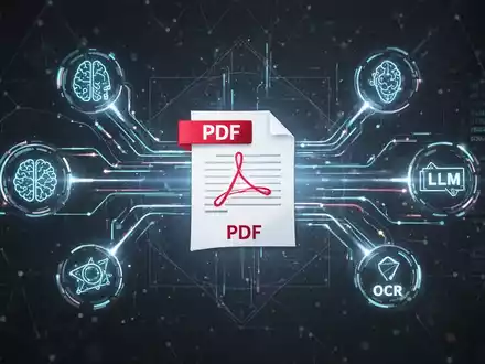 Digitale Oberfläche mit leuchtenden Linien, die Symbole für KI, LLMs und OCR um ein zentrales PDF-Dokument verbinden. - Foto: über boerse-global.de