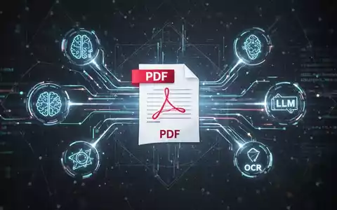 Digitale Oberfläche mit leuchtenden Linien, die Symbole für KI, LLMs und OCR um ein zentrales PDF-Dokument verbinden. - Foto: über boerse-global.de
