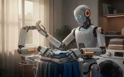 Moderner humanoider Roboter mit orangefarbenen Akzenten faltet Wäsche in einem hellen, modernen Wohnzimmer und demonstriert fortschrittliche Haushaltsautomation. - Foto: über boerse-global.de
