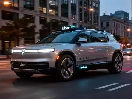 Ein futuristischer, elektrischer autonomer Robotaxi mit Rivian-Design und dezentem Uber-Branding fährt in der Dämmerung durch eine Stadtstraße. - Foto: über boerse-global.de