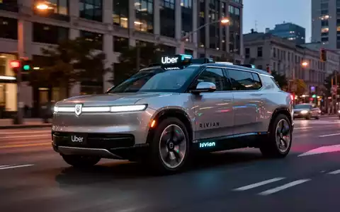 Ein futuristischer, elektrischer autonomer Robotaxi mit Rivian-Design und dezentem Uber-Branding fährt in der Dämmerung durch eine Stadtstraße. - Foto: über boerse-global.de