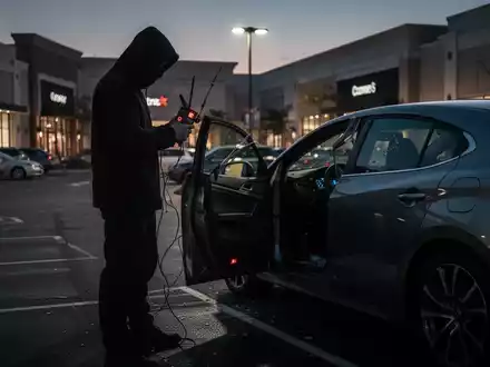 Eine Person nutzt einen Funkblocker, um ein Auto auf einem Parkplatz zu manipulieren, wobei die Autotür leicht geöffnet ist. - Foto: über boerse-global.de
