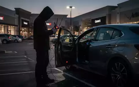 Eine Person nutzt einen Funkblocker, um ein Auto auf einem Parkplatz zu manipulieren, wobei die Autotür leicht geöffnet ist. - Foto: über boerse-global.de