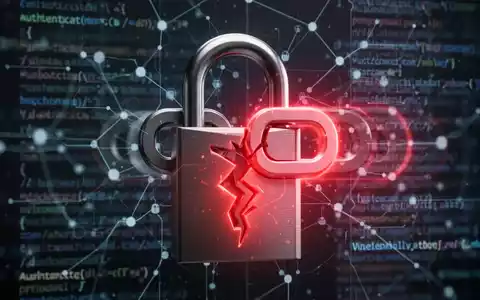 Digitales Vorhängeschloss mit unterbrochener Verbindung und rotem Sicherheitssymbol, das eine Umgehung von Authentifizierungsprotokollen darstellt. - Foto: über boerse-global.de