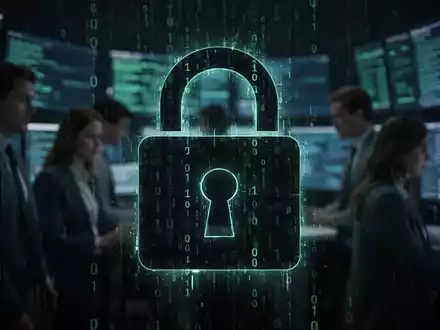 Glühendes digitales Vorhängeschloss-Symbol über Binärcode, symbolisiert Datenleck, mit verschwommenen Hintergrundfiguren und Datenströmen. - Foto: über boerse-global.de