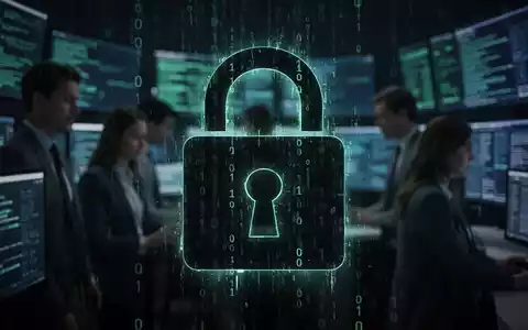 Glühendes digitales Vorhängeschloss-Symbol über Binärcode, symbolisiert Datenleck, mit verschwommenen Hintergrundfiguren und Datenströmen. - Foto: über boerse-global.de