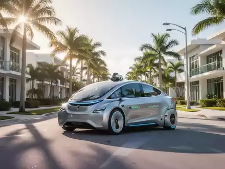 Ein weißes Tesla-Robotaxi fährt autonom auf einer Straße in einem modernen Vorort von Miami unter klarem Himmel. - Foto: über boerse-global.de