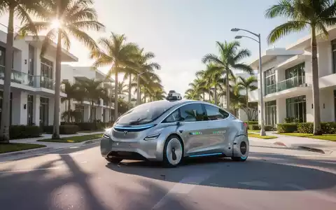 Ein weißes Tesla-Robotaxi fährt autonom auf einer Straße in einem modernen Vorort von Miami unter klarem Himmel. - Foto: über boerse-global.de