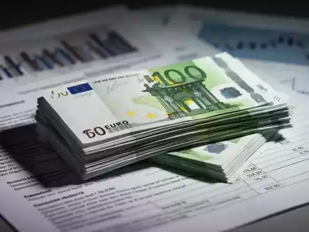 Ein Stapel Euro-Banknoten liegt auf einem offiziellen Dokument mit Finanzdiagrammen im Hintergrund, das Ausgaben und Schulden darstellt. - Foto: über boerse-global.de
