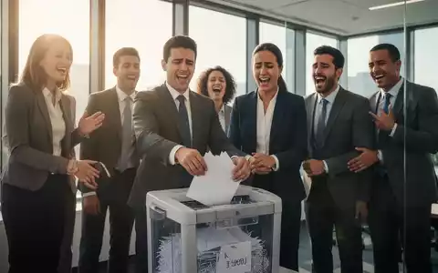 Geschäftsleute in einem modernen Büro, eine Person zerkleinert Dokumente, während andere erleichtert zusehen. Symbolisiert Bürokratieabbau. - Foto: über boerse-global.de