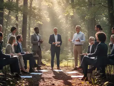 Eine Gruppe von Geschäftsleuten nimmt an einem Resilienztraining im Freien teil, das Achtsamkeit und Naturerfahrung verbindet. - Foto: über boerse-global.de