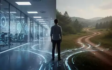 Eine Person steht an einem Scheideweg zwischen einem modernen Bürokorridor und einer natürlichen Landschaft, die berufliche Neuorientierung symbolisiert. - Foto: über boerse-global.de