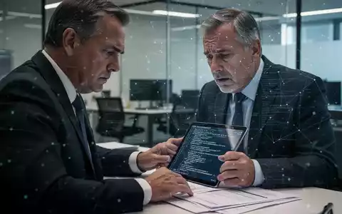 Ein gestresster Geschäftsführer prüft Dokumente auf einem Tablet, das KI-Code anzeigt, vor dem Hintergrund eines digitalen Netzwerkmusters. - Foto: über boerse-global.de
