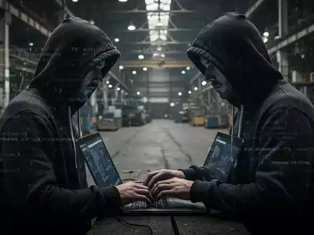 Eine Person im Kapuzenpullover tippt auf einem Laptop, im Hintergrund eine verschwommene Fabrikhalle. Digitale Code-Overlays. - Foto: über boerse-global.de
