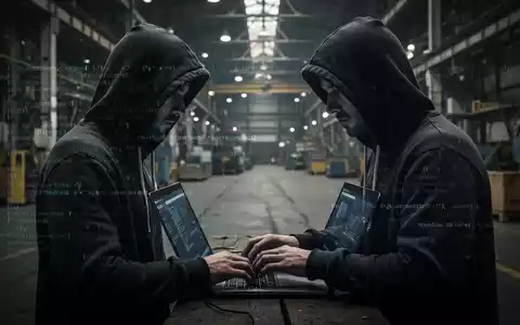 Eine Person im Kapuzenpullover tippt auf einem Laptop, im Hintergrund eine verschwommene Fabrikhalle. Digitale Code-Overlays. - Foto: über boerse-global.de