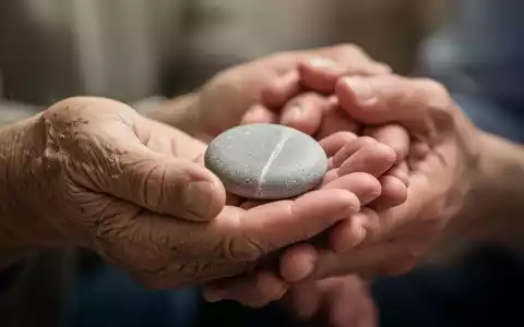Eine Person hält einen glatten, grauen Sorgenstein in den Händen, mit einem sanft verschwommenen Hintergrund. - Foto: über boerse-global.de