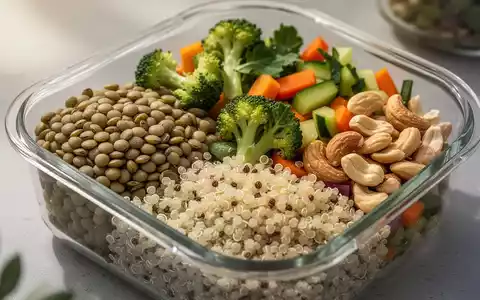 Ein geöffneter Meal-Prep-Behälter, gefüllt mit Linsen, Quinoa, frischem Gemüse und Nüssen, vor einem hellen Hintergrund. - Foto: über boerse-global.de