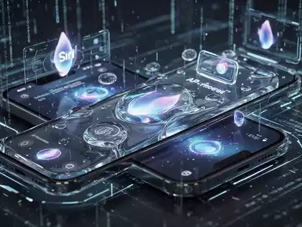 Nahaufnahme eines futuristischen Smartphone-Bildschirms mit leuchtenden, fließenden Interface-Elementen und einem digitalen Siri-Symbol. - Foto: über boerse-global.de