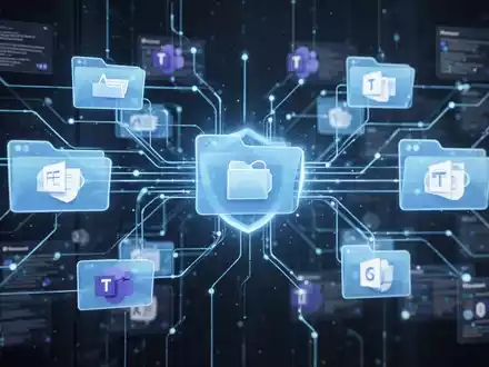 Leuchtend blaues Netzwerk aus digitalen Dateien und Ordnern, das sichere Datenspeicherung in Microsoft Teams und SharePoint symbolisiert. - Foto: über boerse-global.de
