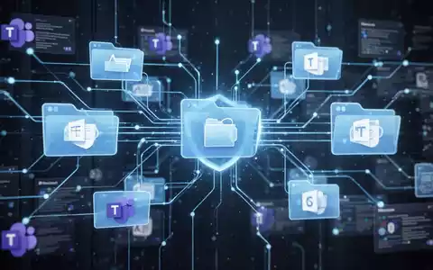 Leuchtend blaues Netzwerk aus digitalen Dateien und Ordnern, das sichere Datenspeicherung in Microsoft Teams und SharePoint symbolisiert. - Foto: über boerse-global.de