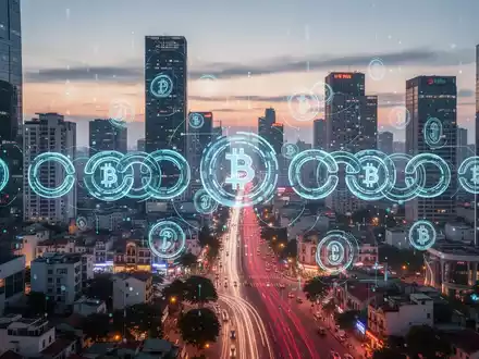 Digitale Währungssymbole nahtlos in moderne Hanoi-Stadtlandschaft bei Dämmerung integriert, repräsentiert Krypto-Zahlungsexpansion in Vietnam. - Foto: über boerse-global.de