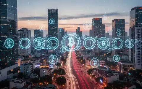 Digitale Währungssymbole nahtlos in moderne Hanoi-Stadtlandschaft bei Dämmerung integriert, repräsentiert Krypto-Zahlungsexpansion in Vietnam. - Foto: über boerse-global.de